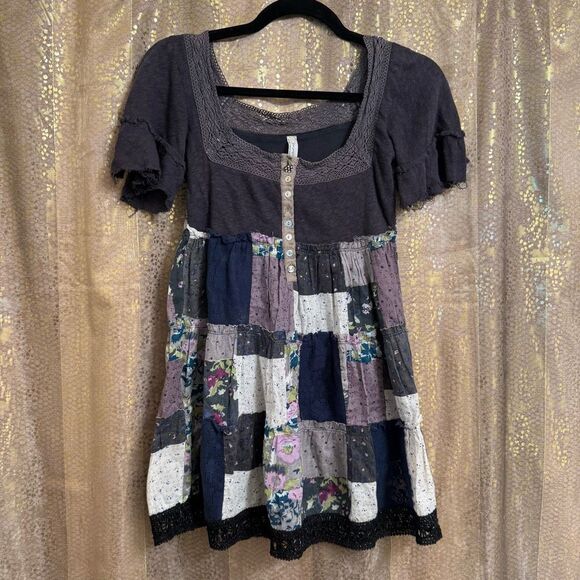 Free People RARE Vintage Bohemian Patchwork Babydoll Tunic Top XS - Picture 1 of 8